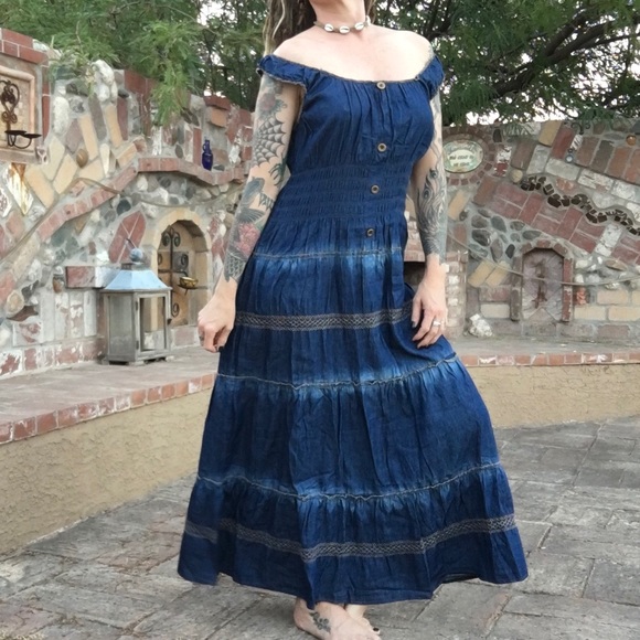 Anthropologie lapis Long denim prairie maxi dress